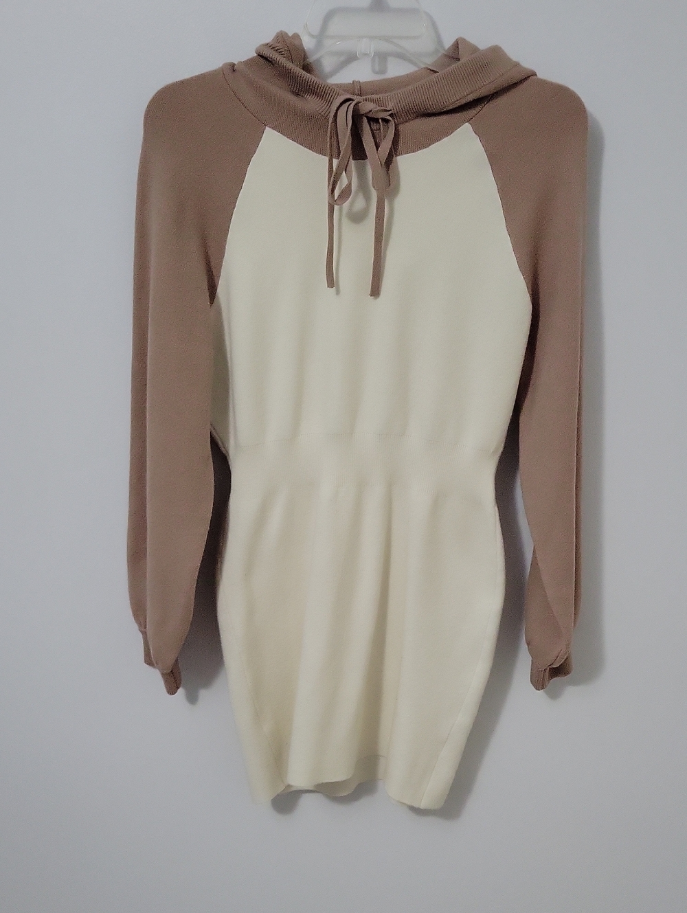 Lulu's Cream and Taupe Knit Hooded Dress, Size Medium